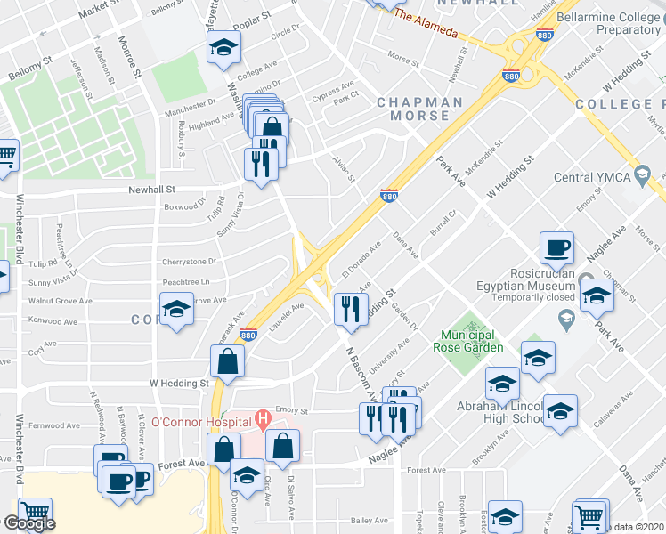 map of restaurants, bars, coffee shops, grocery stores, and more near 1868 Davis Street in San Jose
