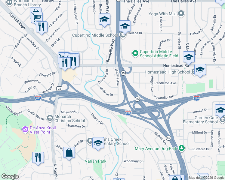 map of restaurants, bars, coffee shops, grocery stores, and more near 22078 Hibiscus Drive in Cupertino