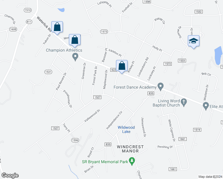 map of restaurants, bars, coffee shops, grocery stores, and more near 23 Valleywood Drive in Forest