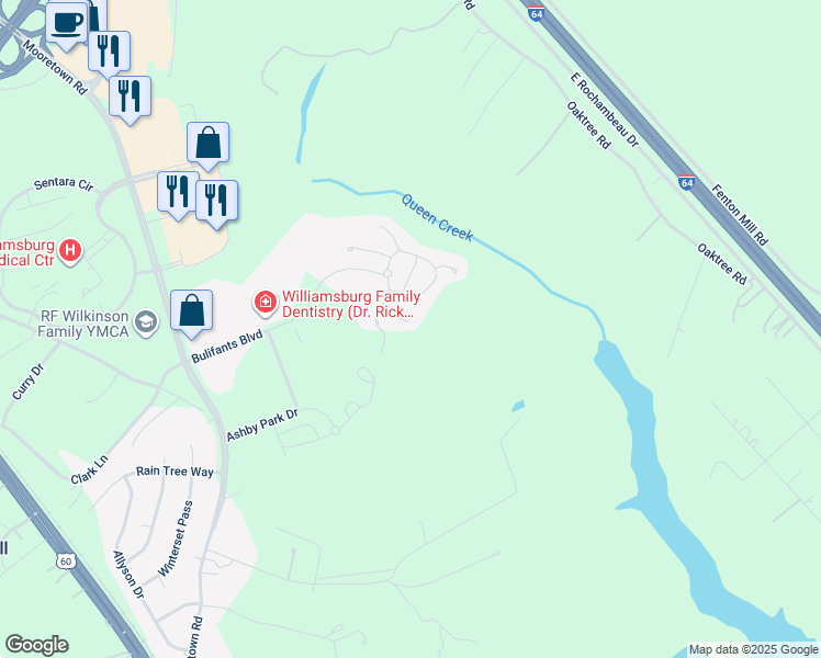 map of restaurants, bars, coffee shops, grocery stores, and more near 110 Turning Rock View in Williamsburg