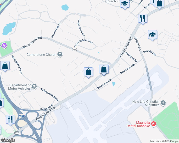 map of restaurants, bars, coffee shops, grocery stores, and more near 5322 Century Drive in Hollins