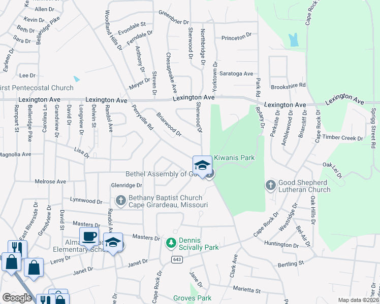 map of restaurants, bars, coffee shops, grocery stores, and more near 1916 Perryville Road in Cape Girardeau