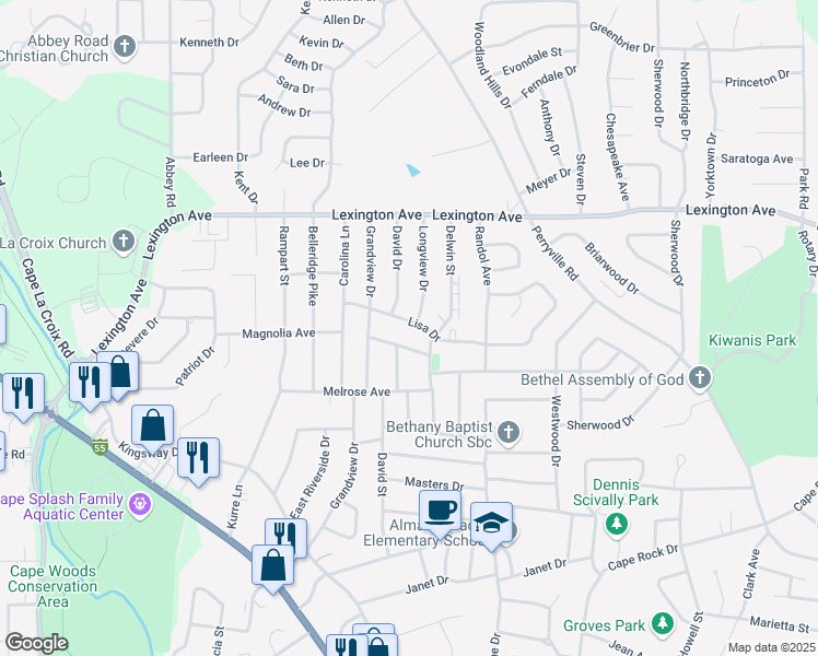 map of restaurants, bars, coffee shops, grocery stores, and more near 2575 Lisa Drive in Cape Girardeau