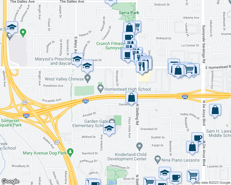 map of restaurants, bars, coffee shops, grocery stores, and more near 780 Noranda Drive in Sunnyvale