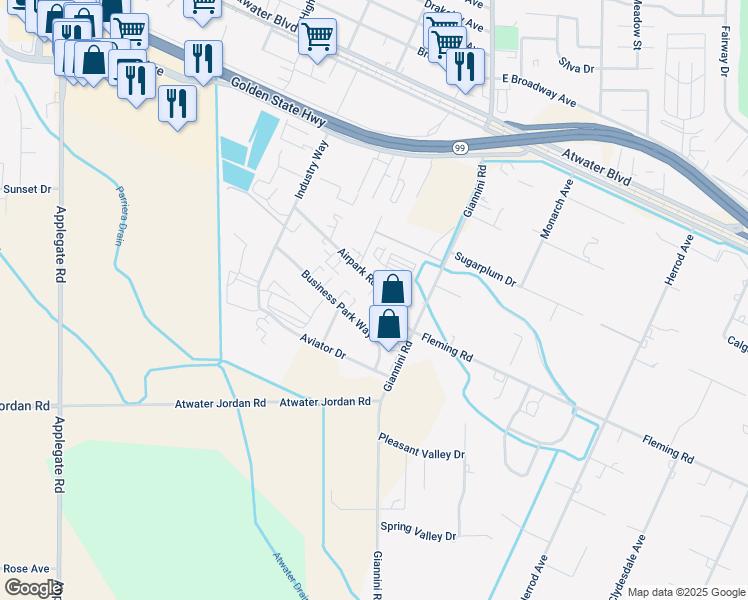 map of restaurants, bars, coffee shops, grocery stores, and more near 240 Airpark Road in Atwater
