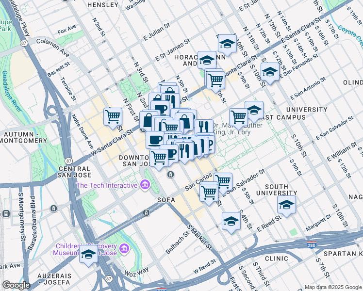 map of restaurants, bars, coffee shops, grocery stores, and more near 88 East San Fernando Street in San Jose