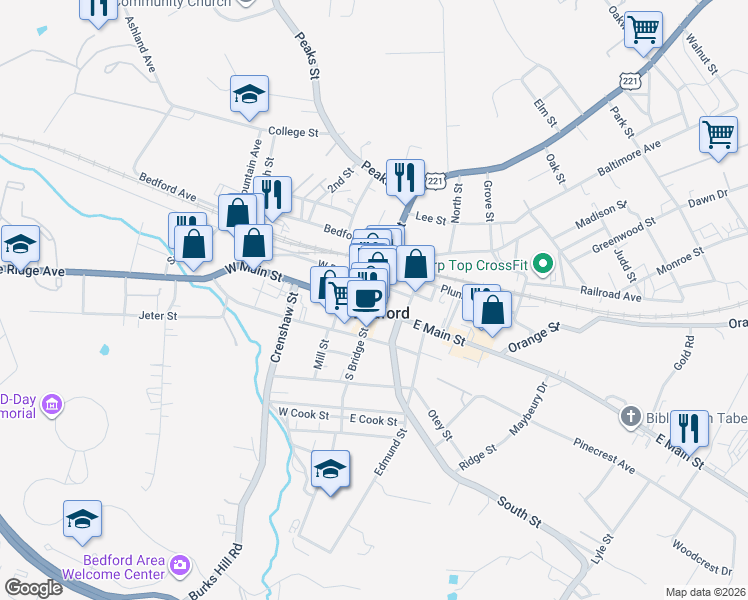 map of restaurants, bars, coffee shops, grocery stores, and more near Virginia 122 in Bedford