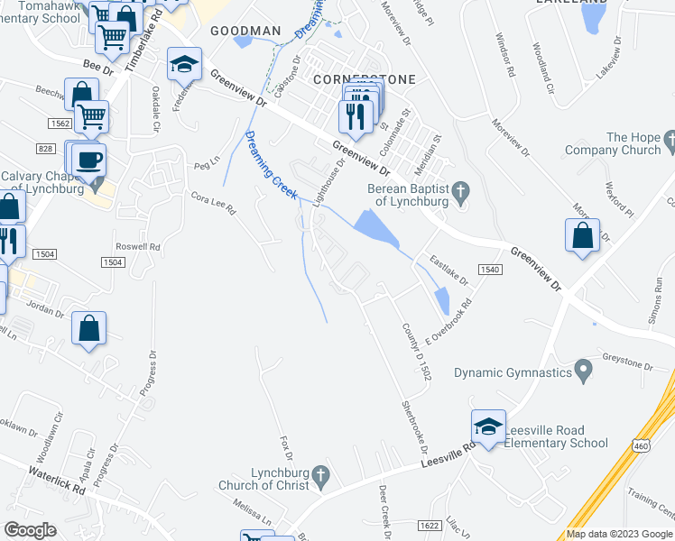 map of restaurants, bars, coffee shops, grocery stores, and more near 176 Kitty Hawk Square in Lynchburg