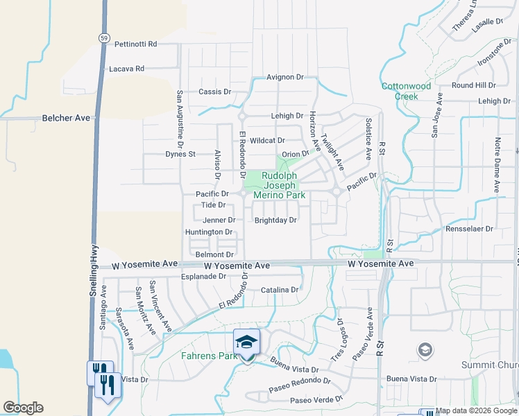 map of restaurants, bars, coffee shops, grocery stores, and more near 3751 Morning Glory Avenue in Merced