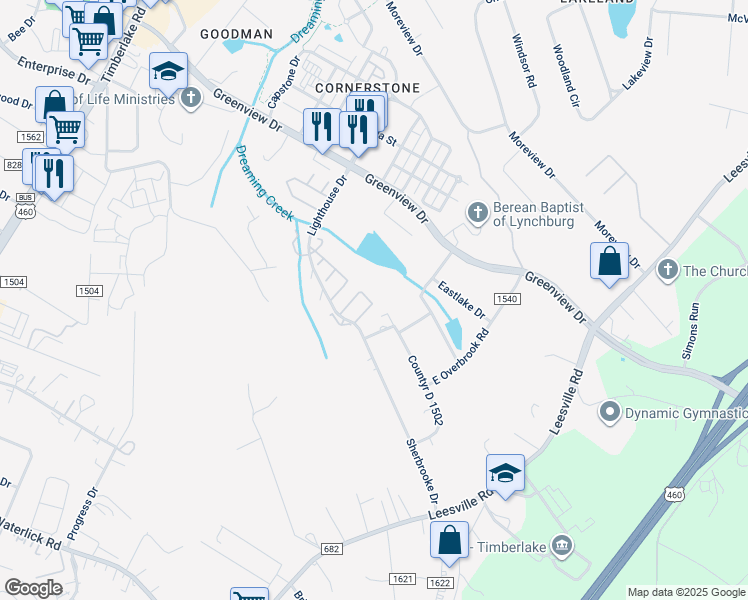 map of restaurants, bars, coffee shops, grocery stores, and more near 112 Cape Charles Square in Lynchburg