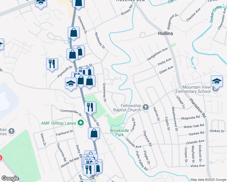 map of restaurants, bars, coffee shops, grocery stores, and more near 304 Clubhouse Drive in Hollins