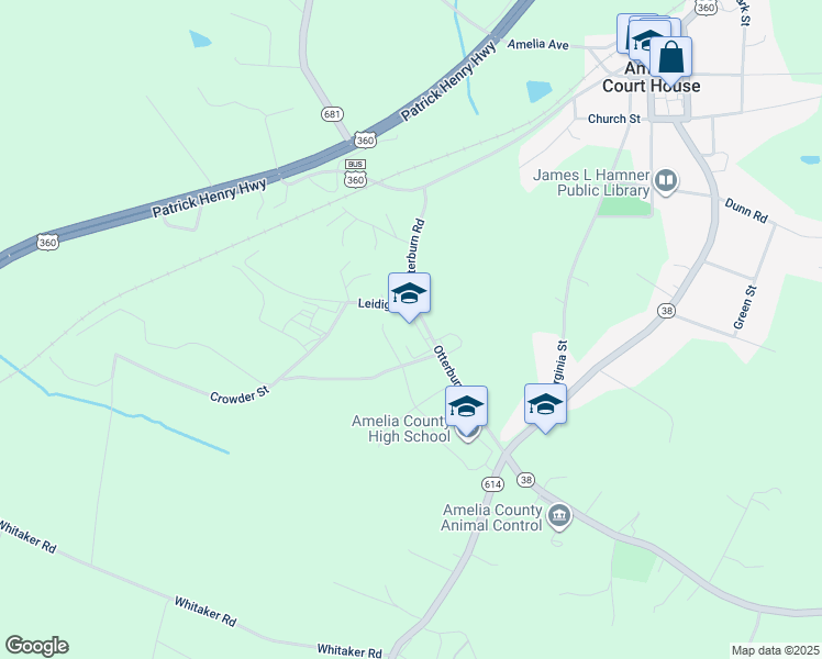 map of restaurants, bars, coffee shops, grocery stores, and more near 8740 Otterburn Road in Amelia Court House