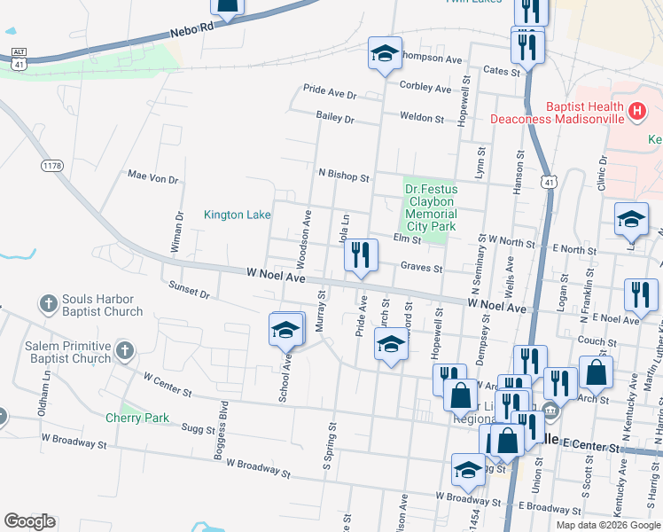 map of restaurants, bars, coffee shops, grocery stores, and more near 341 Murray Street in Madisonville