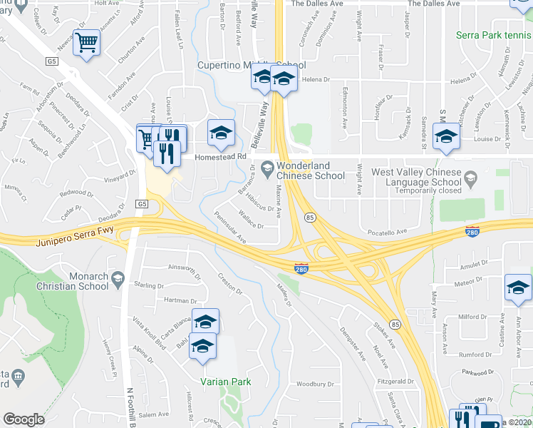 map of restaurants, bars, coffee shops, grocery stores, and more near 22054 Hibiscus Drive in Cupertino