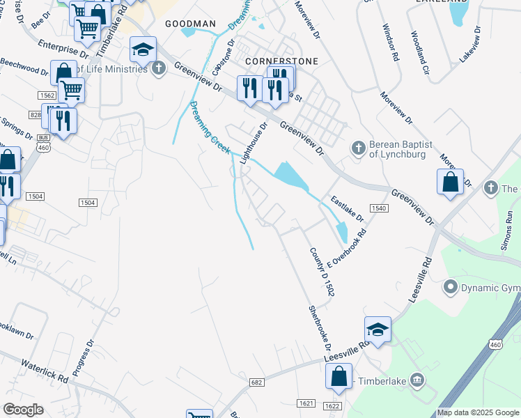 map of restaurants, bars, coffee shops, grocery stores, and more near 176 Kitty Hawk Square in Lynchburg