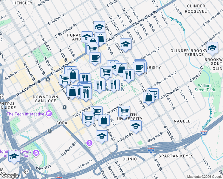 map of restaurants, bars, coffee shops, grocery stores, and more near 1 Washington Sq in San Jose