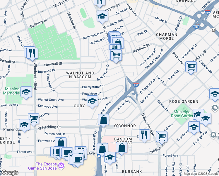 map of restaurants, bars, coffee shops, grocery stores, and more near 2155 Peachtree Lane in San Jose