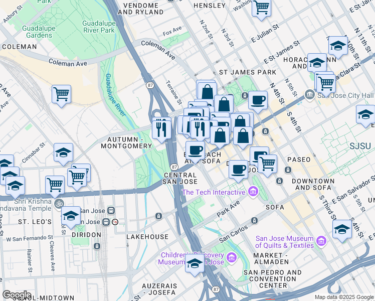 map of restaurants, bars, coffee shops, grocery stores, and more near 38 North Almaden Boulevard in San Jose