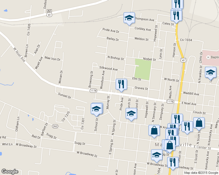 map of restaurants, bars, coffee shops, grocery stores, and more near 341 Murray Street in Madisonville