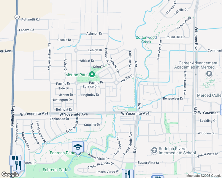 map of restaurants, bars, coffee shops, grocery stores, and more near 3779 Horizon Avenue in Merced