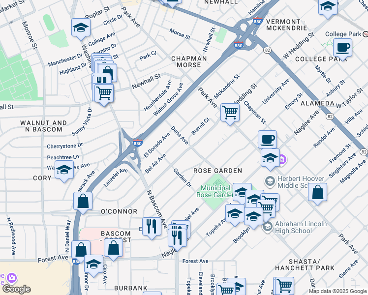 map of restaurants, bars, coffee shops, grocery stores, and more near 1617 West Hedding Street in San Jose
