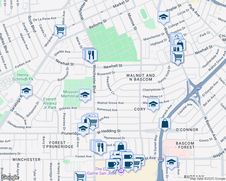 map of restaurants, bars, coffee shops, grocery stores, and more near 2381 Sunny Vista Drive in San Jose