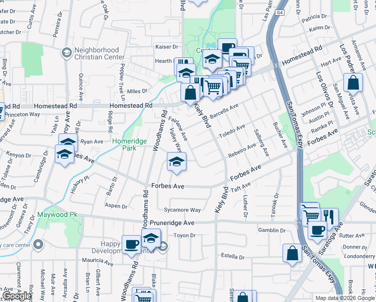 map of restaurants, bars, coffee shops, grocery stores, and more near 702 Fairlane Avenue in Santa Clara