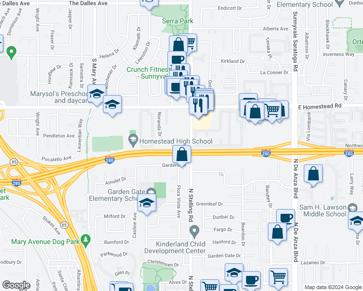 map of restaurants, bars, coffee shops, grocery stores, and more near 10885 North Stelling Road in Cupertino