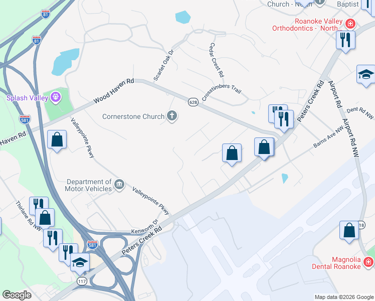 map of restaurants, bars, coffee shops, grocery stores, and more near 6720 Albert Rd in Roanoke