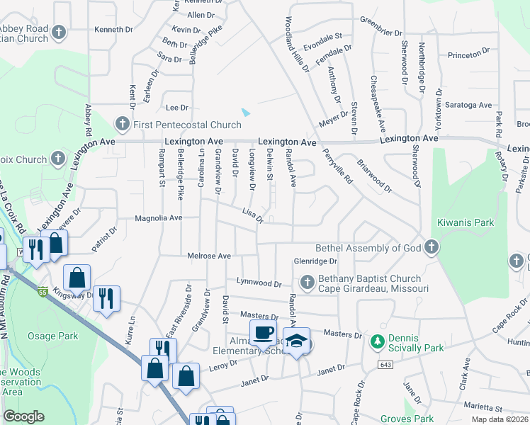 map of restaurants, bars, coffee shops, grocery stores, and more near 1930 Delwin Street in Cape Girardeau
