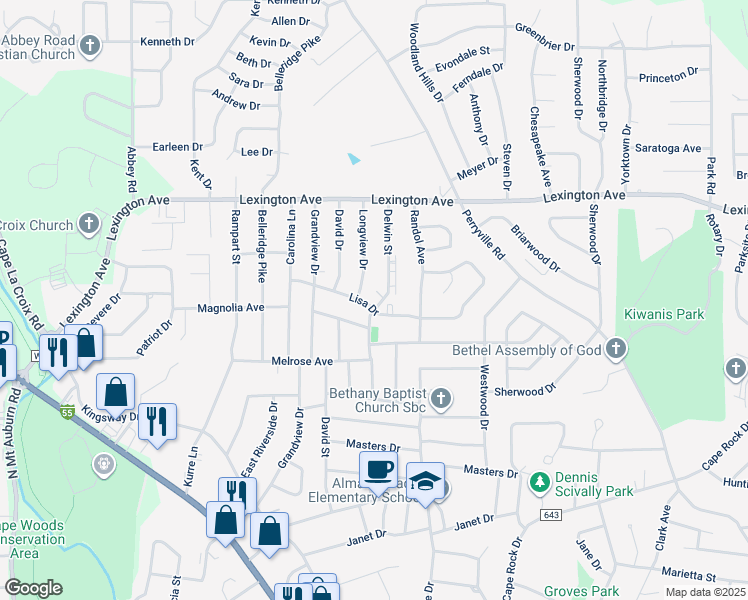 map of restaurants, bars, coffee shops, grocery stores, and more near 2570 Lisa Drive in Cape Girardeau