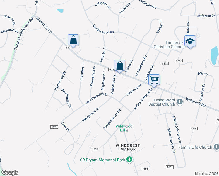 map of restaurants, bars, coffee shops, grocery stores, and more near 23 Valleywood Drive in Forest