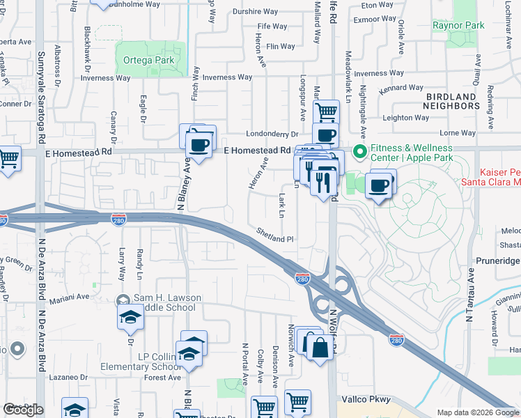 map of restaurants, bars, coffee shops, grocery stores, and more near 1749 Killdeer Court in Sunnyvale
