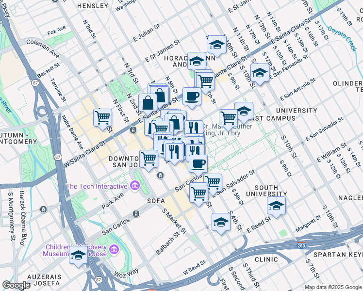 map of restaurants, bars, coffee shops, grocery stores, and more near 130 East San Fernando Street in San Jose