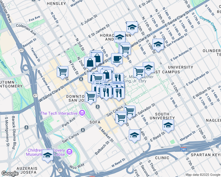 map of restaurants, bars, coffee shops, grocery stores, and more near 130 East San Fernando Street in San Jose