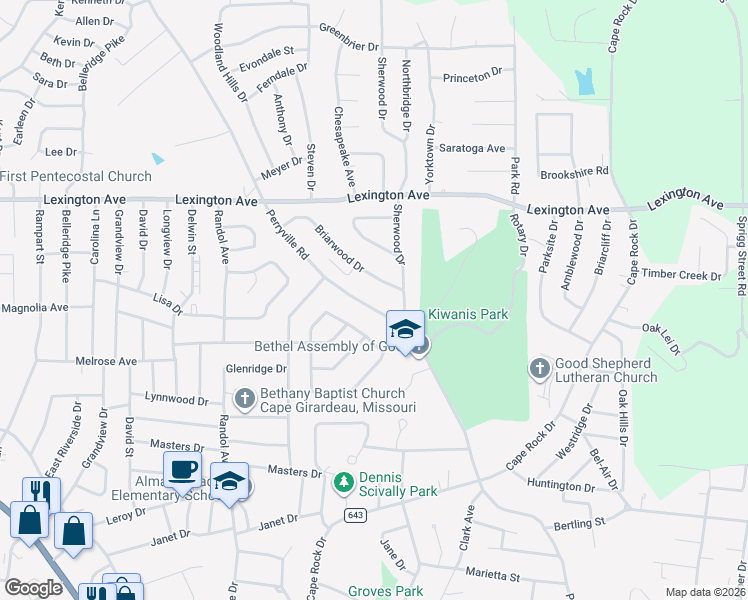 map of restaurants, bars, coffee shops, grocery stores, and more near 1916 Perryville Road in Cape Girardeau