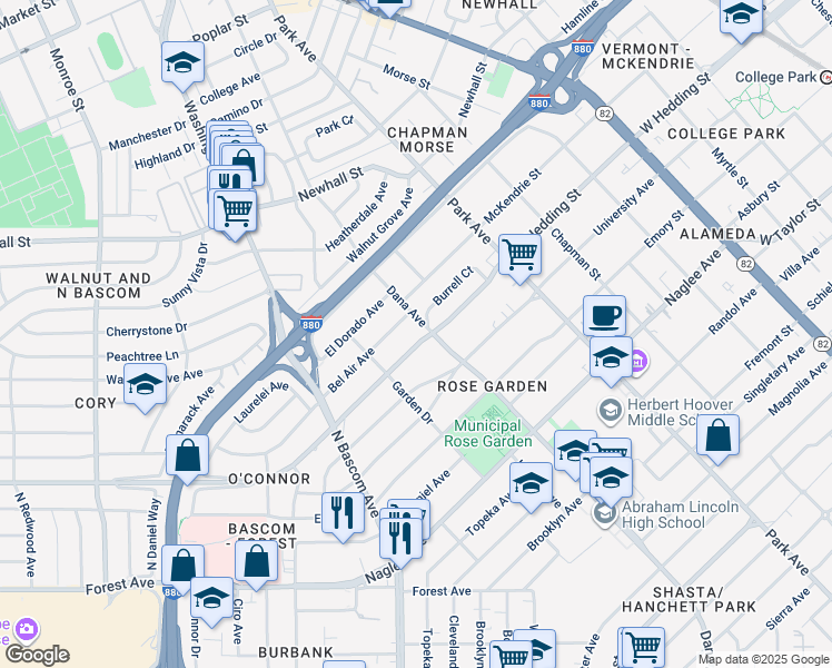 map of restaurants, bars, coffee shops, grocery stores, and more near 1617 West Hedding Street in San Jose