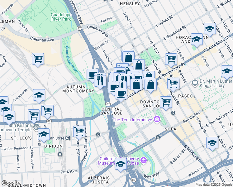 map of restaurants, bars, coffee shops, grocery stores, and more near 38 North Almaden Boulevard in San Jose