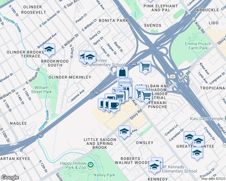 map of restaurants, bars, coffee shops, grocery stores, and more near 905 Mc Laughlin Ave in San Jose