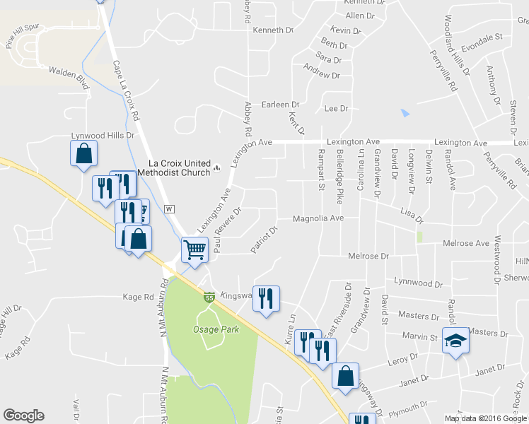 map of restaurants, bars, coffee shops, grocery stores, and more near 3037 Cannon Lane in Cape Girardeau