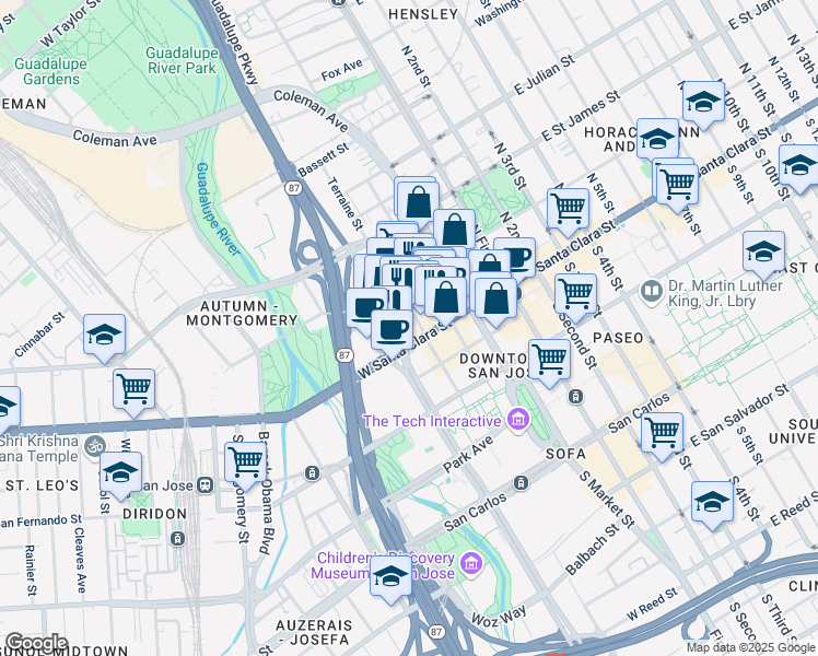 map of restaurants, bars, coffee shops, grocery stores, and more near 677 North Almaden Avenue in San Jose