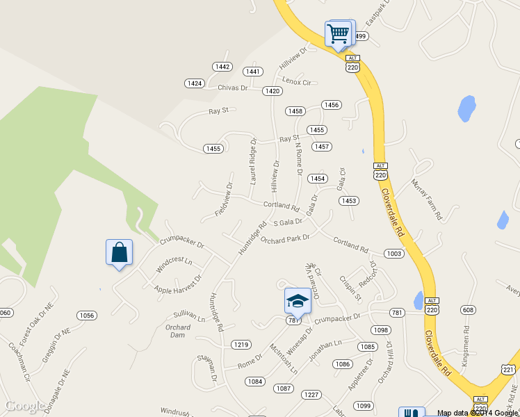 map of restaurants, bars, coffee shops, grocery stores, and more near 5620 Cortland Rd in Roanoke