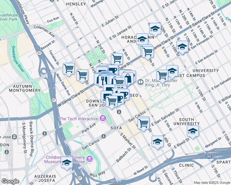 map of restaurants, bars, coffee shops, grocery stores, and more near 97 South 2nd Street in San Jose