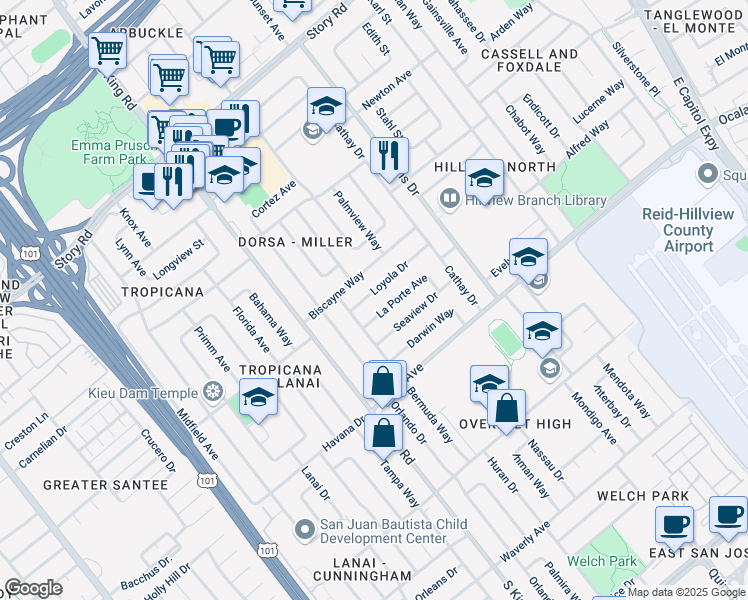 map of restaurants, bars, coffee shops, grocery stores, and more near 1796 Loyola Drive in San Jose