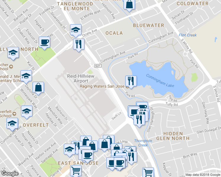 map of restaurants, bars, coffee shops, grocery stores, and more near E Capitol Expy in San Jose