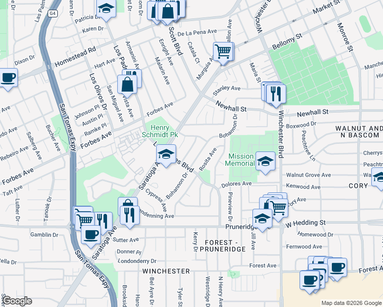 map of restaurants, bars, coffee shops, grocery stores, and more near 2256 Consuelo Avenue in Santa Clara