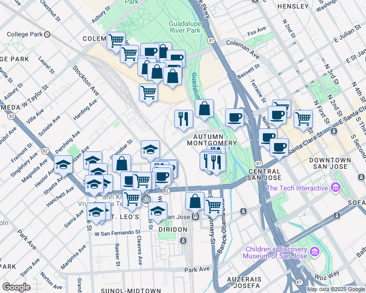 map of restaurants, bars, coffee shops, grocery stores, and more near 566 West Julian Street in San Jose