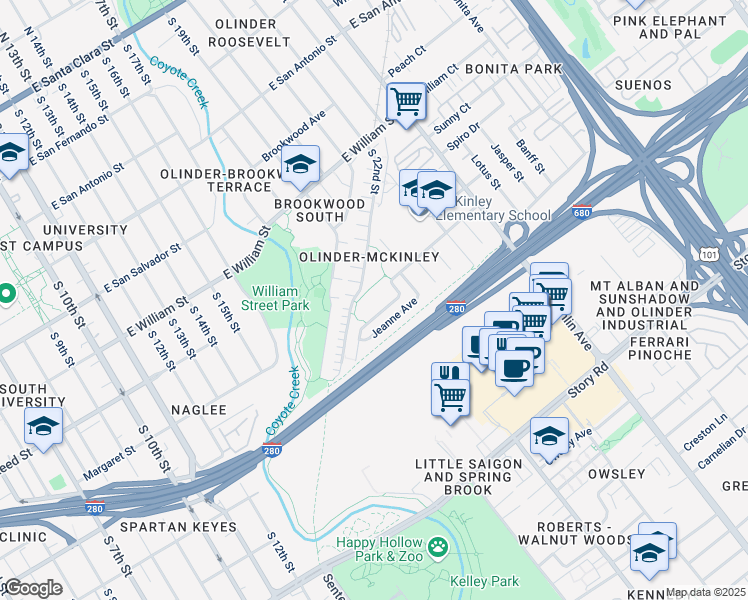 map of restaurants, bars, coffee shops, grocery stores, and more near 722 South 22nd Street in San Jose