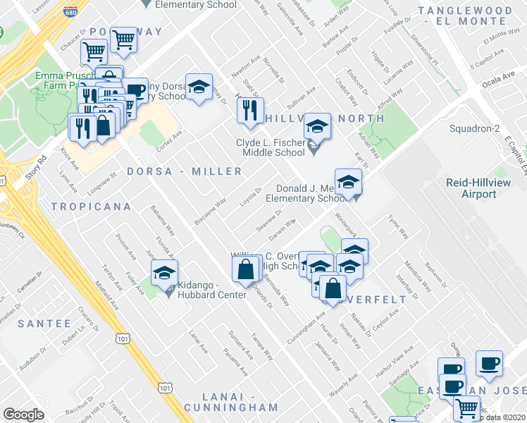 map of restaurants, bars, coffee shops, grocery stores, and more near 1856 La Porte Ave in San Jose