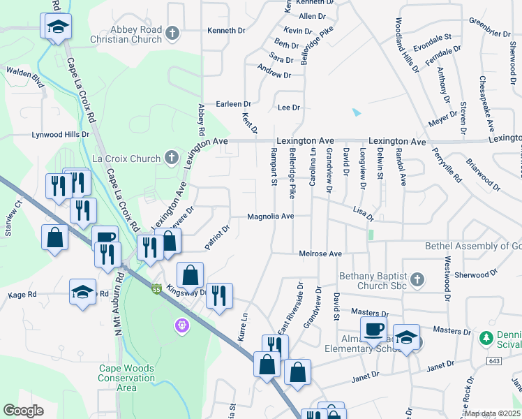 map of restaurants, bars, coffee shops, grocery stores, and more near 1802 Dixie Blvd in Cape Girardeau
